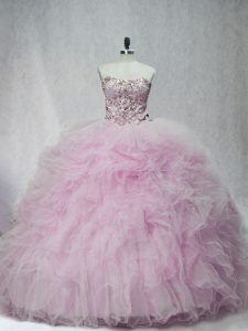 Lilac Ball Gowns Tulle Sweetheart Sleeveless Beading and Ruffles Lace Up Sweet 16 Quinceanera Dress Brush Train