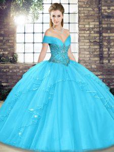 Fitting Aqua Blue Ball Gowns Beading and Ruffles Quinceanera Gown Lace Up Tulle Sleeveless Floor Length