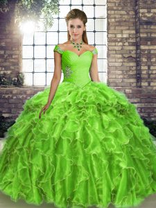 Clearance Lace Up Quince Ball Gowns Beading and Ruffles Sleeveless Brush Train