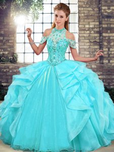 Best Floor Length Lace Up Sweet 16 Quinceanera Dress Aqua Blue for Military Ball and Sweet 16 and Quinceanera with Beading and Ruffles