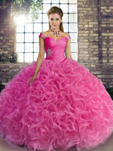 Glorious Rose Pink Fabric With Rolling Flowers Lace Up Off The Shoulder Sleeveless Floor Length Ball Gown Prom Dress Beading