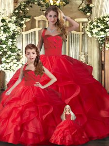 Wonderful Floor Length Red Quinceanera Gowns Tulle Sleeveless Ruffles