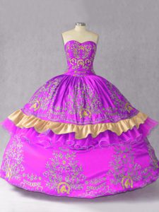 Dramatic Floor Length Purple Vestidos de Quinceanera Satin and Organza Sleeveless Embroidery and Bowknot