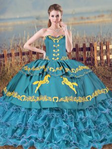 Hot Selling Blue Sweet 16 Quinceanera Dress Sweet 16 and Quinceanera with Embroidery and Ruffles Sweetheart Sleeveless Brush Train Lace Up