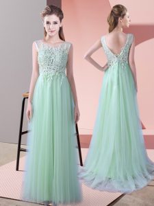 Lovely Scoop Sleeveless Quinceanera Dama Dress Brush Train Beading and Lace Apple Green Tulle