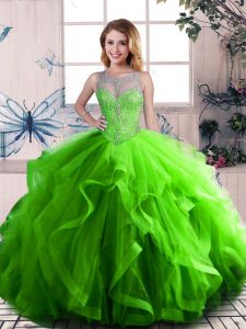 New Arrival Green Lace Up Scoop Beading and Ruffles 15 Quinceanera Dress Tulle Sleeveless