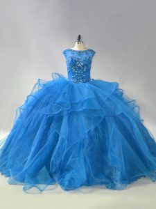 Artistic Scoop Sleeveless Brush Train Lace Up Quince Ball Gowns Blue Organza