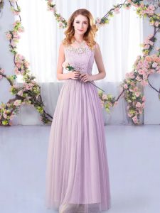 Edgy Sleeveless Floor Length Lace and Belt Side Zipper Quinceanera Dama Dress with Lavender