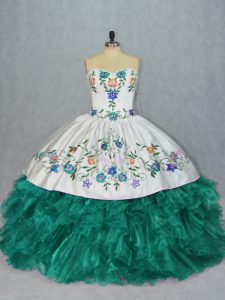 Discount Turquoise Ball Gowns Organza Sweetheart Sleeveless Embroidery and Ruffles Floor Length Lace Up Quinceanera Gowns