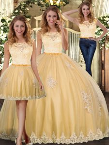 Designer Scoop Sleeveless Clasp Handle Quinceanera Gowns Gold Tulle