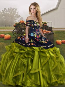 Olive Green Off The Shoulder Neckline Embroidery and Ruffles 15th Birthday Dress Sleeveless Lace Up