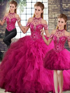 Fabulous Fuchsia Ball Gowns Tulle Halter Top Sleeveless Beading and Ruffles Floor Length Lace Up Sweet 16 Dresses