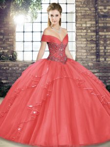 Tulle Off The Shoulder Sleeveless Lace Up Beading and Ruffles Sweet 16 Dresses in Watermelon Red