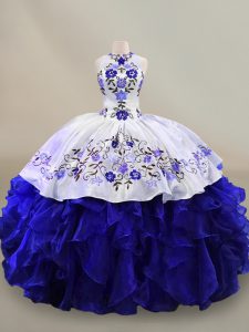 Adorable Organza Halter Top Sleeveless Lace Up Embroidery and Ruffles Quinceanera Dress in Blue And White
