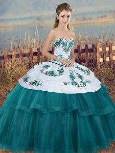 Amazing Sleeveless Tulle Floor Length Lace Up Ball Gown Prom Dress in Teal with Embroidery and Bowknot