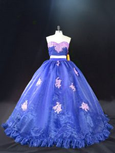 Sleeveless Organza Brush Train Zipper Quinceanera Dress in Blue with Appliques