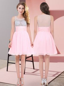 Baby Pink Empire Scoop Sleeveless Chiffon Mini Length Side Zipper Beading Court Dresses for Sweet 16