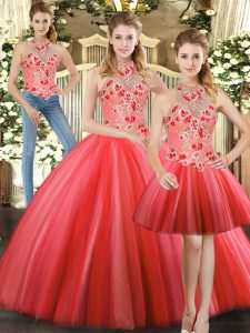 Ideal Floor Length Three Pieces Sleeveless Red Quince Ball Gowns Lace Up