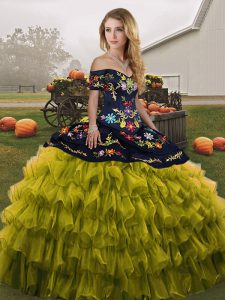 Trendy Olive Green Ball Gowns Organza Off The Shoulder Sleeveless Embroidery and Ruffled Layers Floor Length Lace Up Quinceanera Dress