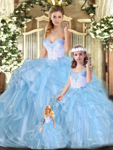 Beading and Ruffles Quinceanera Dress Blue Lace Up Sleeveless Floor Length