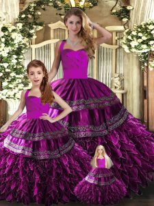 Shining Embroidery and Ruffles Sweet 16 Quinceanera Dress Fuchsia Lace Up Sleeveless Floor Length