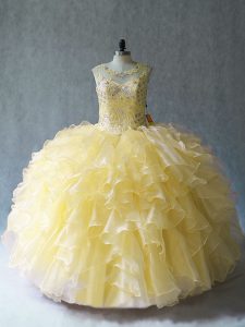 Customized Yellow Sleeveless Beading and Ruffles Floor Length 15 Quinceanera Dress