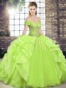 Custom Fit Off The Shoulder Sleeveless 15th Birthday Dress Floor Length Beading and Ruffles Yellow Green Organza