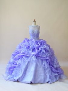 Designer Brush Train Ball Gowns Quinceanera Dress Lavender Scoop Organza Sleeveless Zipper