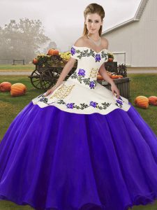 Trendy White And Purple Sleeveless Floor Length Embroidery Lace Up Quince Ball Gowns