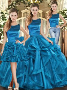 Sexy Teal Lace Up Scoop Ruffles Quinceanera Gowns Organza Sleeveless