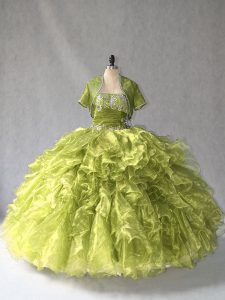 Adorable Olive Green Lace Up Scoop Beading and Ruffles Vestidos de Quinceanera Organza Sleeveless