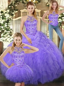 Ideal Floor Length Lace Up Quinceanera Gowns Lavender for Sweet 16 and Quinceanera with Beading and Ruffles