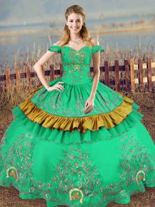 Sophisticated Floor Length Green Quinceanera Dress Off The Shoulder Sleeveless Lace Up