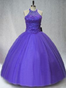 Purple Lace Up Sweet 16 Dresses Beading Sleeveless Floor Length