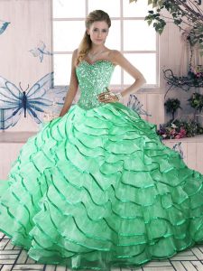 Apple Green Sleeveless Brush Train Ruffled Layers Quince Ball Gowns