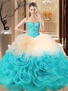 Multi-color Ball Gowns Fabric With Rolling Flowers Sweetheart Sleeveless Beading and Ruffles Floor Length Lace Up Quinceanera Gowns