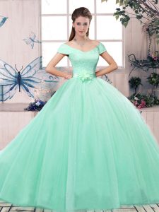 Fancy Apple Green Short Sleeves Floor Length Lace and Hand Made Flower Lace Up 15th Birthday Dress