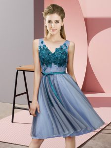 Glamorous Sleeveless Tulle Knee Length Lace Up Vestidos de Damas in Blue with Appliques
