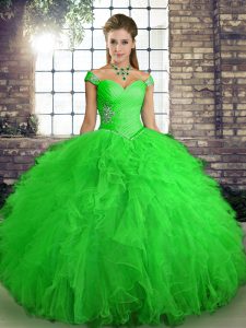 Modest Tulle Off The Shoulder Sleeveless Lace Up Beading and Ruffles Sweet 16 Quinceanera Dress in Green