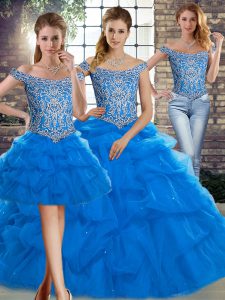 Hot Selling Blue Quinceanera Gown Military Ball and Sweet 16 and Quinceanera with Beading and Pick Ups Off The Shoulder Sleeveless Brush Train Lace Up