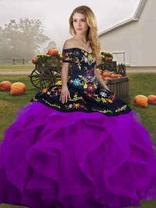 Best Floor Length Ball Gowns Sleeveless Black And Purple 15th Birthday Dress Lace Up