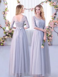 Luxury Floor Length Side Zipper Damas Dress Grey for Wedding Party with Lace and Belt