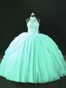 Tulle Halter Top Sleeveless Lace Up Beading 15th Birthday Dress in Apple Green