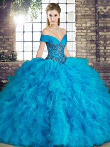 Free and Easy Blue Ball Gowns Off The Shoulder Sleeveless Tulle Floor Length Lace Up Beading and Ruffles Sweet 16 Quinceanera Dress