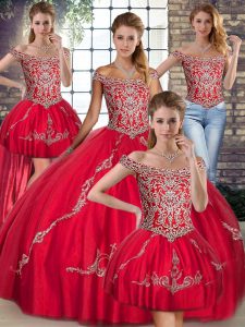 Sleeveless Floor Length Beading and Embroidery Lace Up Sweet 16 Quinceanera Dress with Red