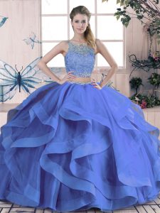 Sleeveless Tulle Floor Length Lace Up Sweet 16 Dress in Blue with Beading and Ruffles
