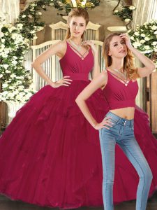 Red Sweet 16 Dresses Sweet 16 and Quinceanera with Ruffles V-neck Sleeveless Lace Up