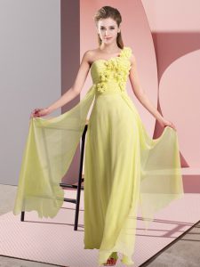 Super Yellow Empire One Shoulder Sleeveless Chiffon Floor Length Lace Up Hand Made Flower Quinceanera Court of Honor Dress