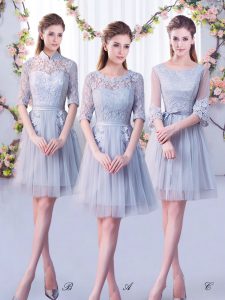 Grey Half Sleeves Lace Mini Length Quinceanera Court Dresses