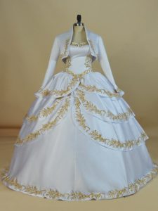 Inexpensive White Ball Gowns Straps Sleeveless Satin Floor Length Lace Up Embroidery Sweet 16 Dress